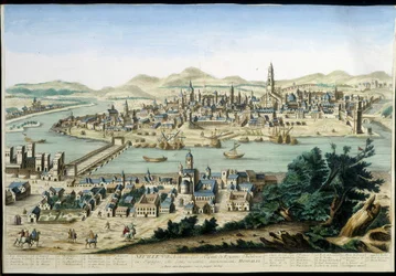 El puerto y la ciudad de Sevilla - grabado del siglo XVIII