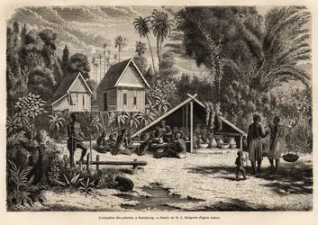 La producción de cerámica en Saniaboury (Laos). Grabado para ilustrar el viaje de exploración en Indochina, por Francis Garnier, teniente de Vaissseau, en 1866-1868, publicado en "Le tour du monde" 1870-1871, editado por Edouard Charton, edición Hachette