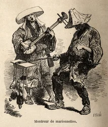 El espectáculo de marionetas y el músico que lo acompaña para el entretenimiento callejero. Grabado para ilustrar el viaje a Japón, por Aime Humbert, ministro de la Confederación Suiza, en 1863-1864, publicado en “Le tour du monde”, bajo la dirección de Ed
