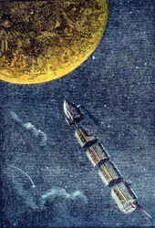 El cohete lanzado al espacio llegando a la luna - grabado en “De la Tierra a la Luna” de Julio Verne