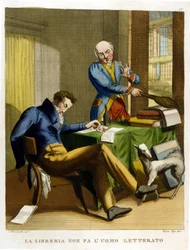 El dicho: "La biblioteca no hace al hombre cultivado". Ilustración de una colección de proverbios del siglo XVIII
