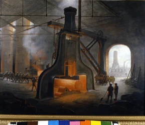 El martillo de vapor (tambor), inventado por J. Nasmyth, en acción utilizado en plantas de metalurgia en Manchester. Pintura anónima