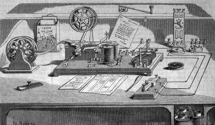 El telégrafo inventado por el inventor estadounidense Samuel Finley Breese Morse. Grabado del siglo XIX