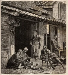 El umbral de una posada de pueblo en Japón, las anfitrionas sirven como anfitrionas para sus huéspedes habituales. Grabado para ilustrar el viaje a Japón en 1863-1864, por Aime Humbert, ministro de la Confederación Suiza, en "Le tour du monde, nouveau jour