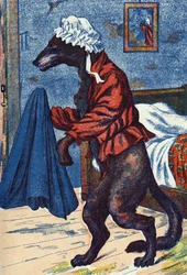 El lobo se pone la ropa de la abuela. Ilustración anónima para "Caperucita Roja", cuento de Charles Perrault (1628-1703), escritor francés. Imágenes Marcel Vagne, Jarville Nancy, sin fecha (finales del siglo XIX)