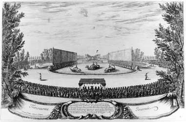 Tercer día: teatro montado en medio del Gran Estanque, representando la isla de Alcine... Grabado de 1676.