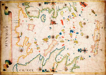 Este tipo de carta de mar en vitela se originó en el Mediterráneo en el siglo XIII, hacia 1610 (manuscrito).