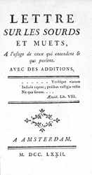 Página de título de "Carta sobre los sordos y mudos para el uso de los que oyen y hablan" de Denis Diderot