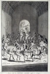 Danza tradicional: Ritos en la danza de coraje de los caribes, Antillas (América Central). Grabado del siglo XVIII. Chartres, Museo de Bellas Artes