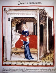 Tratado de medicina "Tacuinum sanitatis" siglo XIV: un paciente asistido por enfermeras. B.N, Viena.