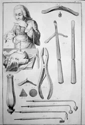 Trepanación del cráneo, varios instrumentos (grabado)