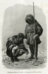 Tschuktschis pescando en el hielo en la Bahía de Koljutschin (círculo polar). Grabado de la edición sueca, para ilustrar la historia “Viaje de la Vega alrededor de Asia y Europa”, por Nils Adolf Erik (Eric) Barón Nordenskjold (Nordenskiold) (1832-1901), en