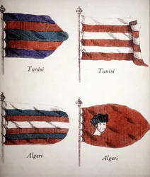 Banderas tunecinas y argelinas que datan de finales del siglo XVIII.