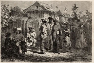 Tipos de indígenas de Cayena (Guayana Francesa), mujeres vestidas con vestido anudado de madras y turbantes coloridos, los hombres adoptaron el traje occidental. Grabado para ilustrar el viaje a la Guayana Francesa en 1862-1863, por Frederic Bouyer