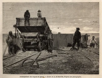 Descarga de vagones de guano en las Islas Chincha (Océano Pacífico, cerca de la costa suroeste de Perú), cuyo principal interés era la explotación de depósitos de guano (utilizados como fertilizante), depósitos en acantilados de granito que sirven como re