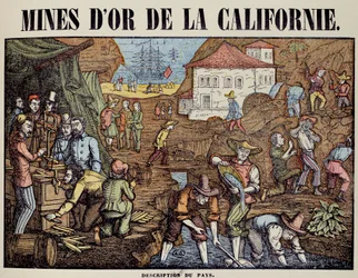 Varias actividades de una mina de oro en California: búsqueda de pepitas, pesaje, compra, salida de las mercancías. Grabado del siglo XIX. París, artes decorativas