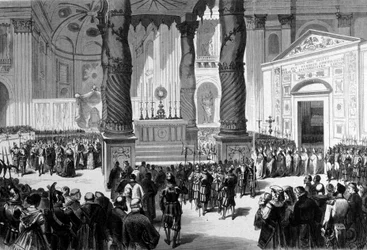 Concilio Vaticano I. Roma. Los prelados cruzando la Basílica de San Pedro hacia la Sala del Concilio. 1870