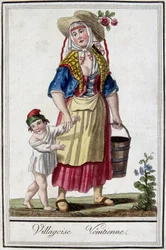 Aldea veneciana con su hijo. Grabado del siglo XVIII.