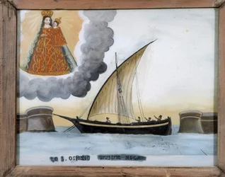 Barco en dificultad - pintura sobre vidrio, exvoto de Notre Dame de Laghet, 25x32 cm