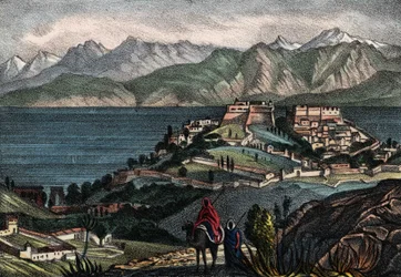 Vista de Candel y la cadena del Atlas, ciudad tomada por el General Trézel del ejército francés de África en 1833. En “Storia d