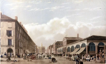 Vista de Nueva York: Mercado en Fulton Street. Litografía SD alrededor de mediados del siglo XIX.