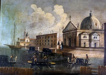 Vista de la laguna de Venecia y góndolas. Anónimo. Siglo XVIII