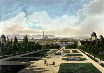 Vista del Belvedere de Viena, palacio barroco austriaco construido por Eugenio de Saboya. Litografía del siglo XIX