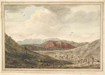 Vista de una montaña, cerca de Hekla, con una caravana ambulante.