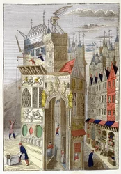 Vista de una calle de París en el siglo XV, con sus casas de entramado de madera y una iglesia en construcción