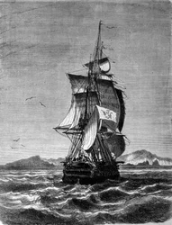 Vista de la fragata austriaca Novara frente a la Isla de San Pablo en el Océano Índico en 1857. Grabado del siglo XIX