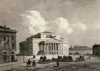 Vista del Teatro Bolshói en Moscú, Rusia en 1838. Grabado del siglo XIX