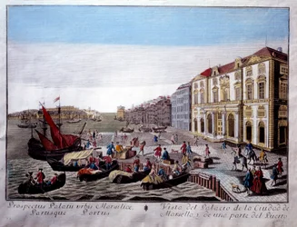 Vista del Hotel de Ville y parte del Puerto de Marsella Escena de actividades comerciales y descarga de mercancías en el muelle. Grabado anónimo del siglo XVIII Marsella, Museo de la Marina