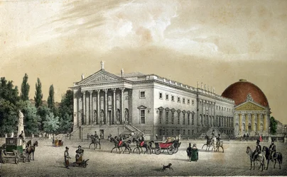 Vista de la Ópera de Unter den Linden (Staatsoper Unter den Linden) en la avenida del mismo nombre, con la Catedral de Santa Eduvigis ubicada en la Bebelplatz (Opernplatz), Berlín. Alemania Grabado de 1850