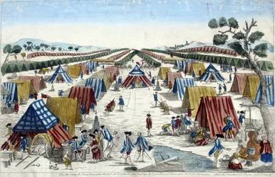 Vista del campamento del ejército prusiano, dibujado en la llanura de Lomvenborg en Pomerania