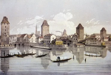 Vista de la ciudad de Estrasburgo en el Rin. Grabado del siglo XIX