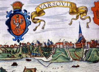 Vista de la ciudad de Varsovia con el escudo de armas de la ciudad. 1780.