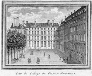 Vista del patio del colegio de Plessis Sorbonne (París), fundado en 1323 por Geoffroy du Plessis Balisson, utilizado en 1848 y 1849 por la ENA. Grabado conservado en el Museo Carnavalet