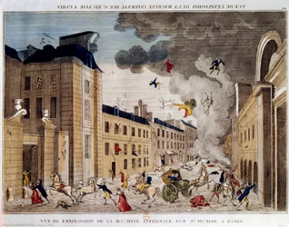 Vista de la explosión de la máquina infernal de la rue Saint Nicaise en París el 3 de nivose an IX. La conspiración de la máquina infernal es una conspiración para matar a Napoleón Bonaparte, el nuevo Primer Cónsul tras el golpe de estado del 18 de Brumari