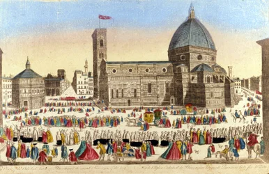 Vista de la gran catedral de Florencia (Duomo Santa Maria del Fiore) realizada por Filippo Brunelleschi, en el día de la procesión del Santo Dios. Aproximadamente 1790