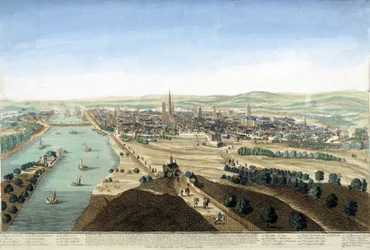 Vista del puerto y la ciudad de Rouen; Grabado del siglo XVIII