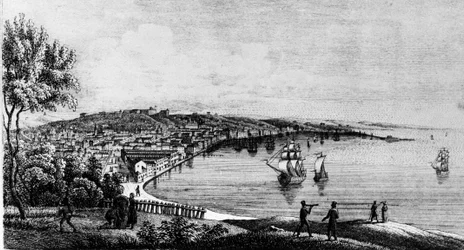 Vista del puerto de la ciudad de Trieste (en el período austríaco), grabado del siglo XIX.