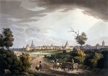 Vista de los alrededores de la ciudad de Leipzig en Alemania alrededor de 1820.