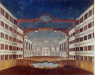 Vista del teatro San Samuele en Venecia destruido por un incendio en 1747. Dibujo del siglo XVIII.