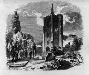 Vista de la tumba del poeta y dramaturgo italiano Ugo Foscolo (1778-1827) en el cementerio de Chiswick en Londres. Grabado del siglo XIX.