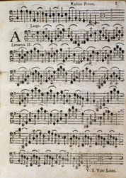 Violín. Página de partitura para Balletto a 3, op. 3 de Tomaso Albinoni (1701)