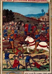 Guerra de la Liga del Bien Público (o revuelta de los nobles): la batalla de Montlhéry el 16/07/1465 entre Luis XI (1423-1483) y Carlos, Conde de Charolais (futuro Carlos el Temerario) (1433-1477). Miniatura iluminada del manuscrito “Vigiles du roi”