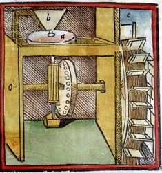 Rueda de molino de agua utilizada para moler el trigo. Representación de un árbol de levas (un pasador de madera unido a un eje giratorio). De "De architectura" de Vitruvio. 1630. Biblioteca Trivulziana, Milán.