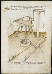 Instrumentos de bombeo de agua - Manuscrito: hoja de pergamino de un manual de ingeniero para la construcción de edificios civiles, religiosos y militares, anónimo, finales del siglo XV (figura en tinta china)