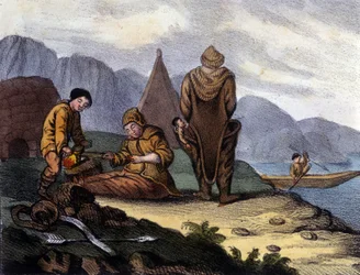 Esquimales de la costa de Groenlandia occidental. Litografía de principios del siglo XIX