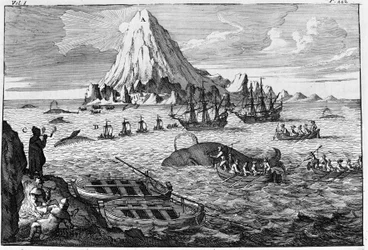 Caza de ballenas en la isla de Jan Mayen. Grabado principios del siglo XVIII